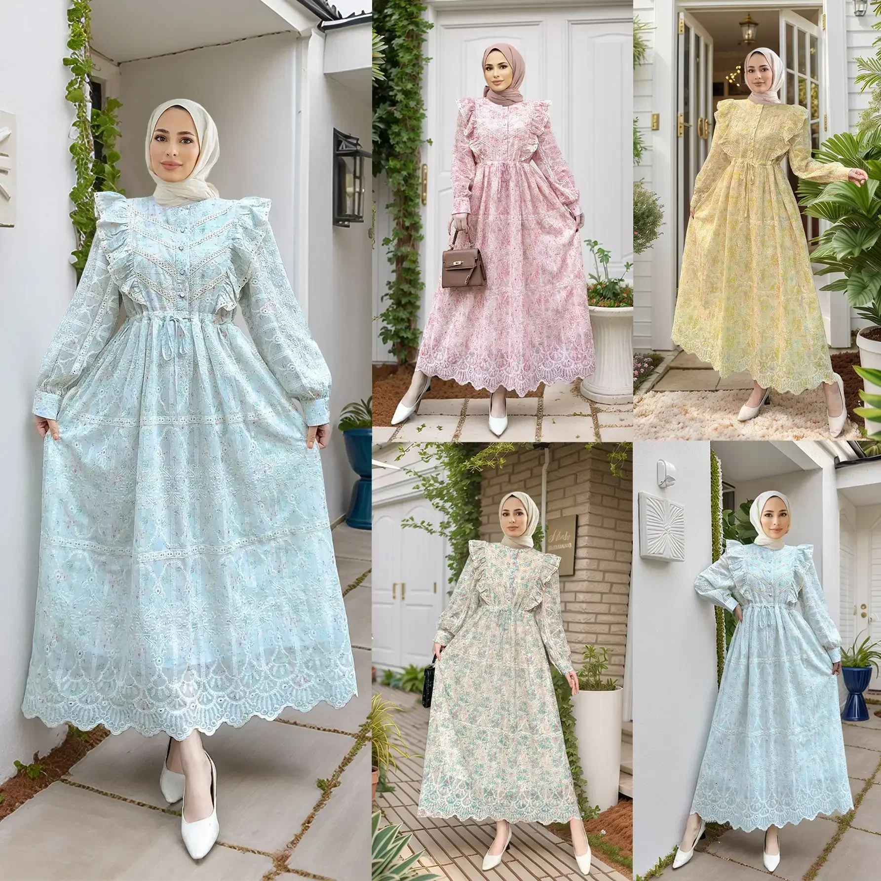 

Morocco Floral Print Long Dress Muslim Elegant Women Abaya Dubai Kaftan Ramadan Lace Abayas Party Caftan Marocain Femme Vestidos