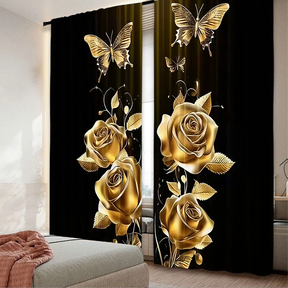 2Pcs Gold Rose Gold Butterfly Curtain Valentine'S Day Romantic Dream Curtain For Bedroom Bathroom Living Room Dining Room