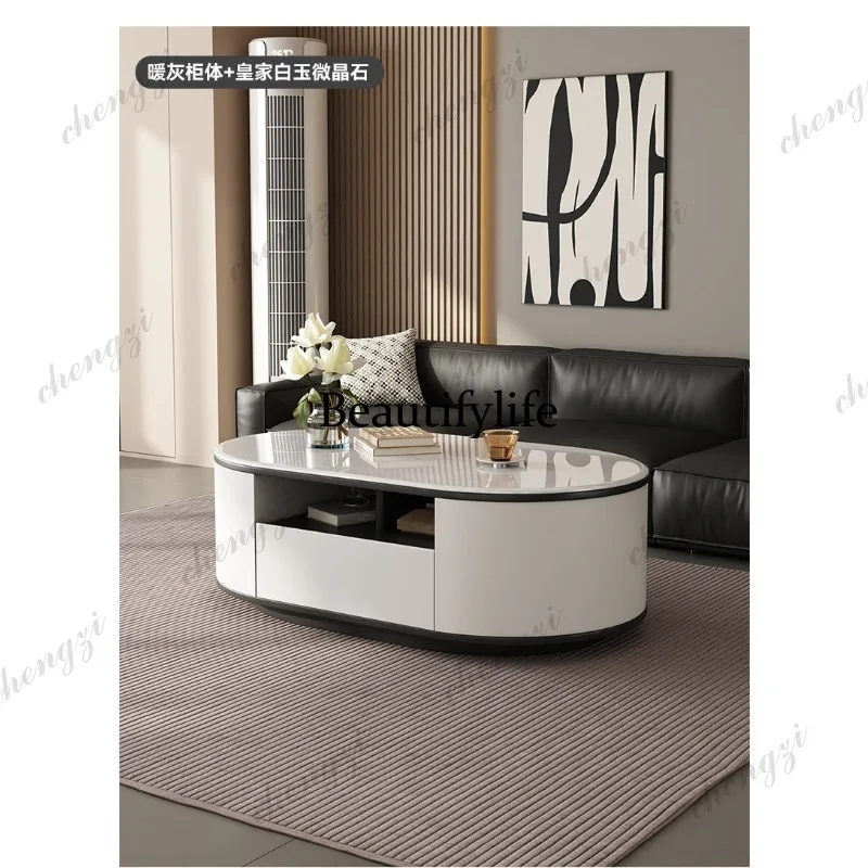 Italian light luxury solid wood oval microcrystalline rock slab marble living room household coffee table with storage