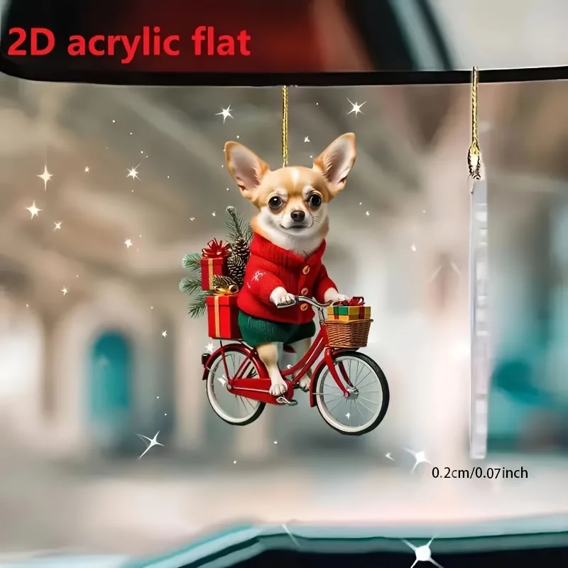 2D Flat Acrylic Christmas Decoration -Cute Chihuahua Riding a Red Bicycle with Holiday Gifts,Hanging Ornament,Keychain Accessory