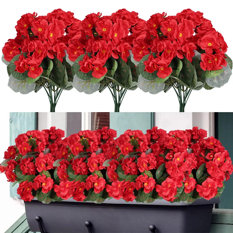 2 Piezas de Flores Artificiales de Geranio de Seda para Decoración del Hogar, Bodas, Jarrones, Centros de Mesa, Patio, Jardín, Plantas Falsas Rojas para Exteriores