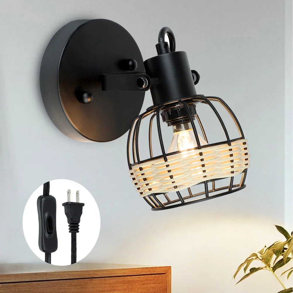 

Depuley LED Track Ceiling Spotlight Adjustable Industrial Rattan Metal Caged Wall Lamp Light Fixture for Bedroom Kitchen E12