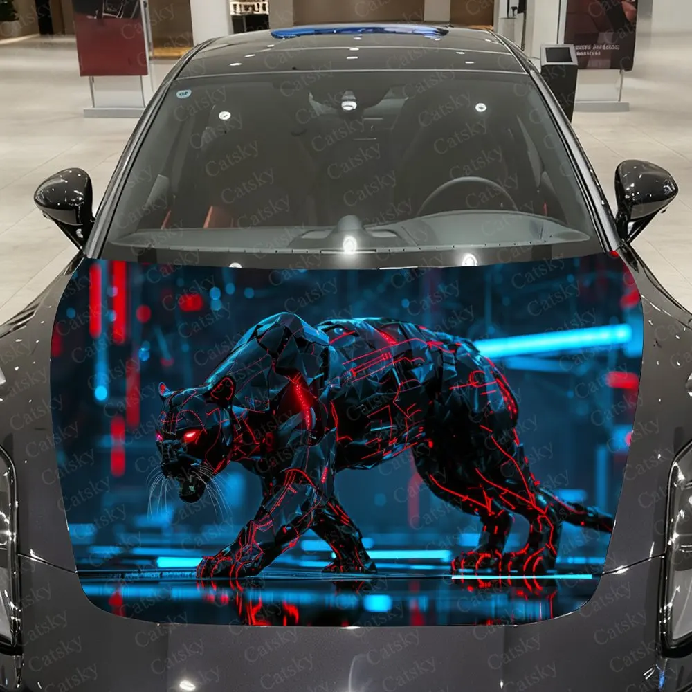 

Neon Mechanical Panther Cyber City Car Vinyl Wrap, PVC Material Waterproof Car Hood Sticker, Self-Adhesive Scratch-Resistant Sti