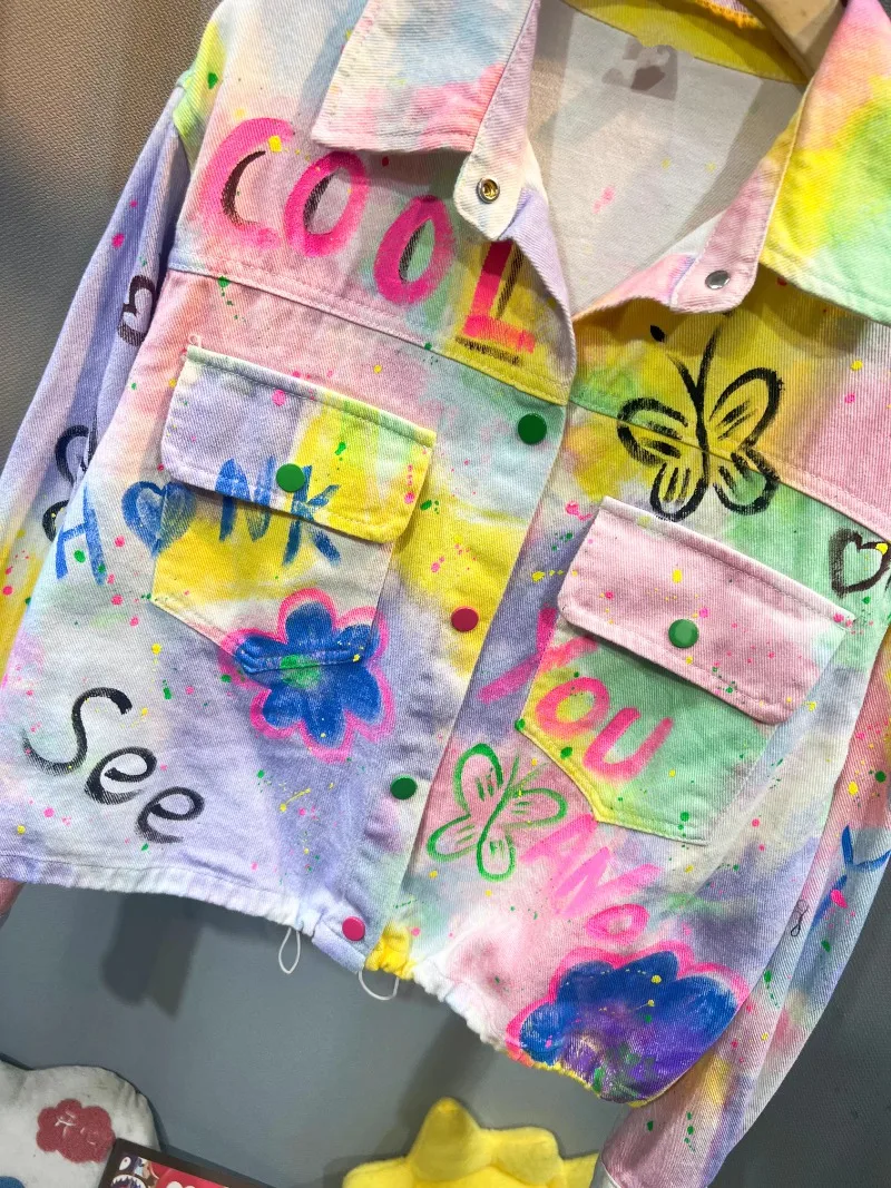 Heavy Industry Tie-dye Rainbow Gradual Change Denim Jacket Women's 2025 Autumn New Loose Casual Sweet Top Jeans Jaquetas Coats