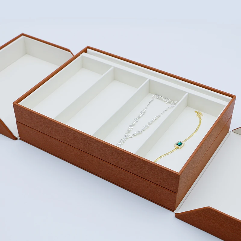 بو الجلود والمجوهرات صندوق سفر متعدد الطبقات الخشب مجوهرات المنظم حالات عرض المجوهرات المخصصة #4