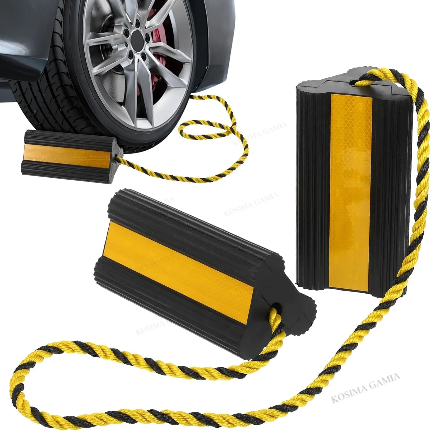 

Heavy Duty Wheel Chocks, Rubber Wheel Block Non-Slip Base with Nylon Rope Yellow Reflective Tape Wheel Stoppers for Car, RV