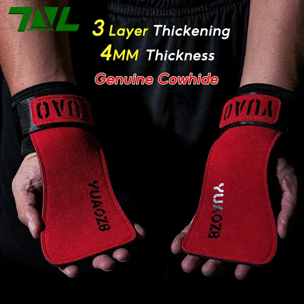 1 par de guantes de cuero de vaca para Fitness, correas antideslizantes, cinturón de levantamiento de pesas, empuñaduras de levantamiento para gimnasio, ejercicio de entrenamiento de peso muerto