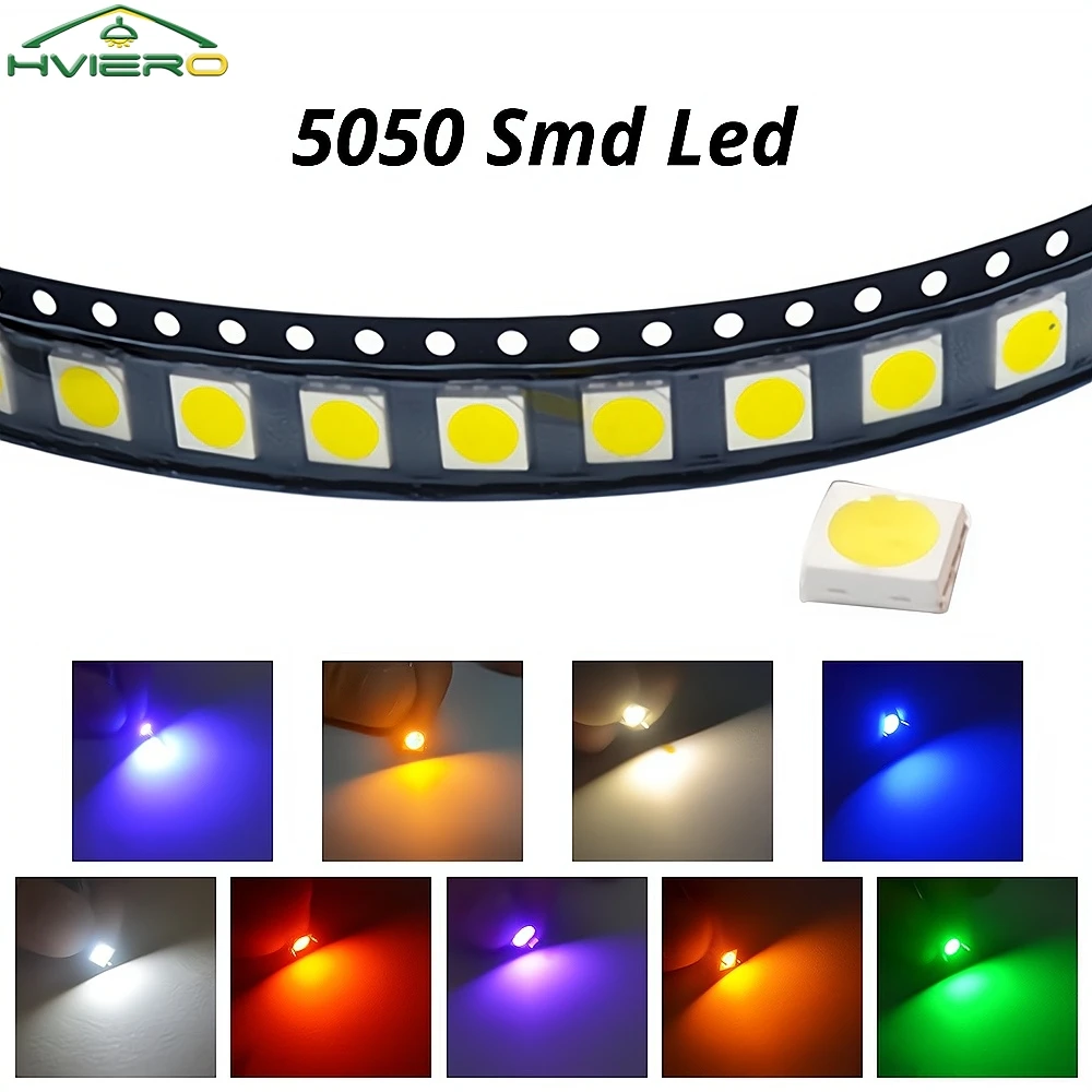 100Pcs 5050 White Red Blue Pink RGB Smd Smt 60mA 3V 3-chips 10-12lm 6000-6500k Led Plcc-6 Bright Lamp Bulb Light Emitting Diodes