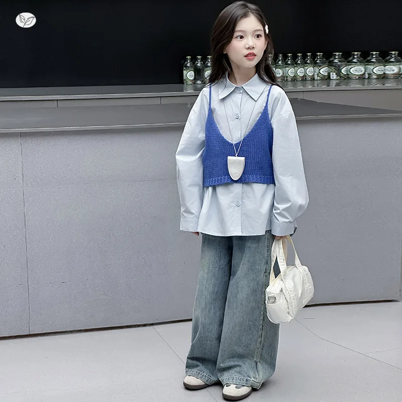 

Girls Set Children Spring Autumn Outfit New Knitted Sweater Camisole Pants Fashionable Casual Two-piece Set Soft