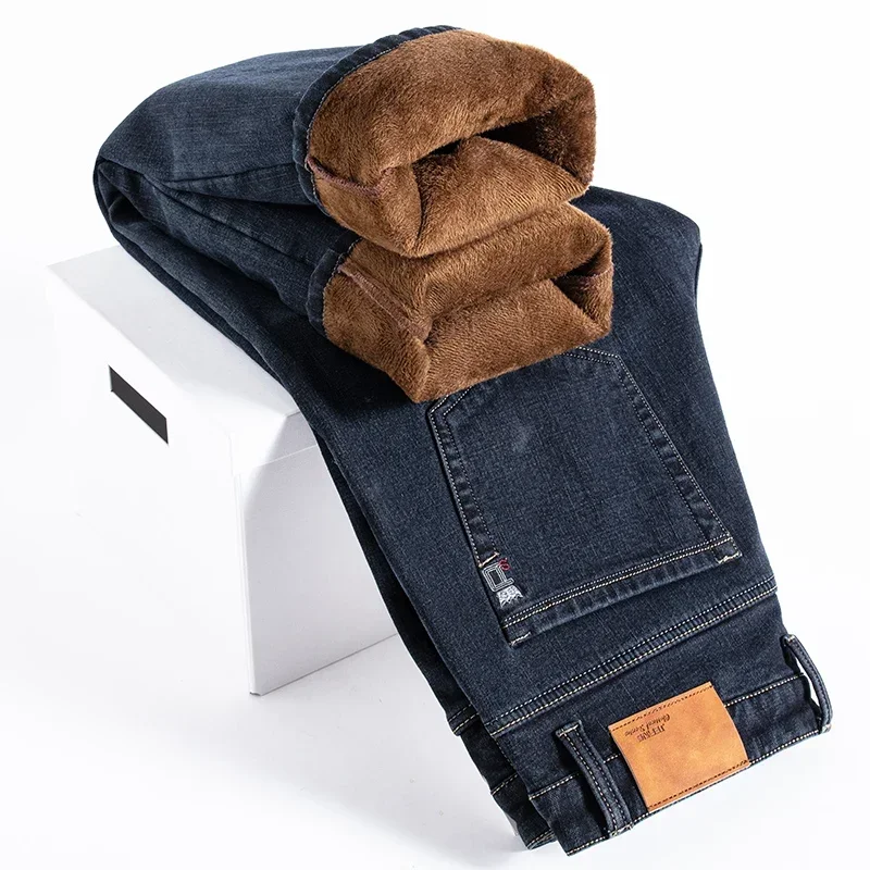 

Зимние флисовые мужские повседневные джинсы, эластичные модные хлопковые толстые плюшевые теплые джинсовые брюки, мужские брендовые брюки, большие размеры 42, 44, 46
