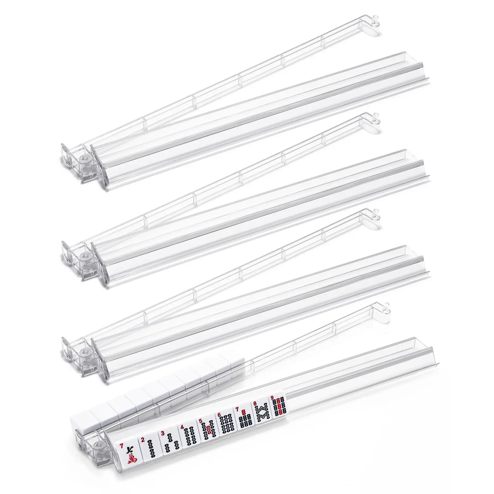 

Mahjong Racks with Pushers, 4PCS Mahjong All-in-One Tile Rack and Pusher, Clear Acrylic American Majiang Tile Racks with Built