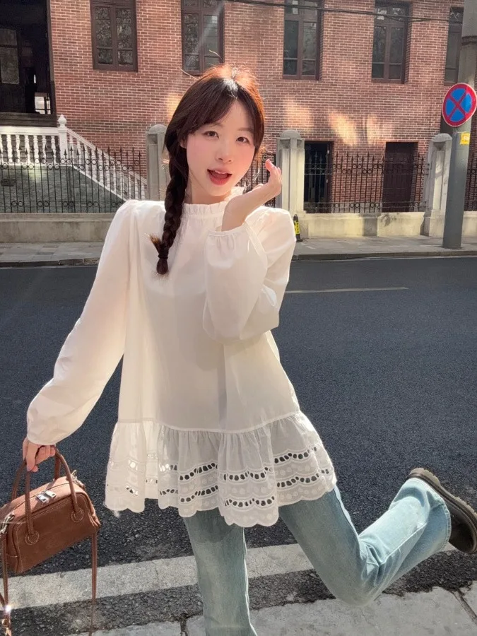 

plus Size Women's Sweet White Lace Trim Long Sve irt Korean Sle Splice Design Spring Autumn New Faion High Waist