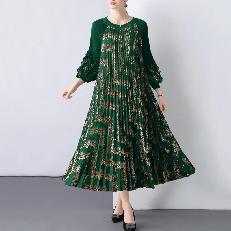 HKSH 秋の新女性ヨーロッパスタイルのハイストリートエレガントな気質ドレスイントレンドプリーツスプレーゴールド大きな裾のドレス HK8277