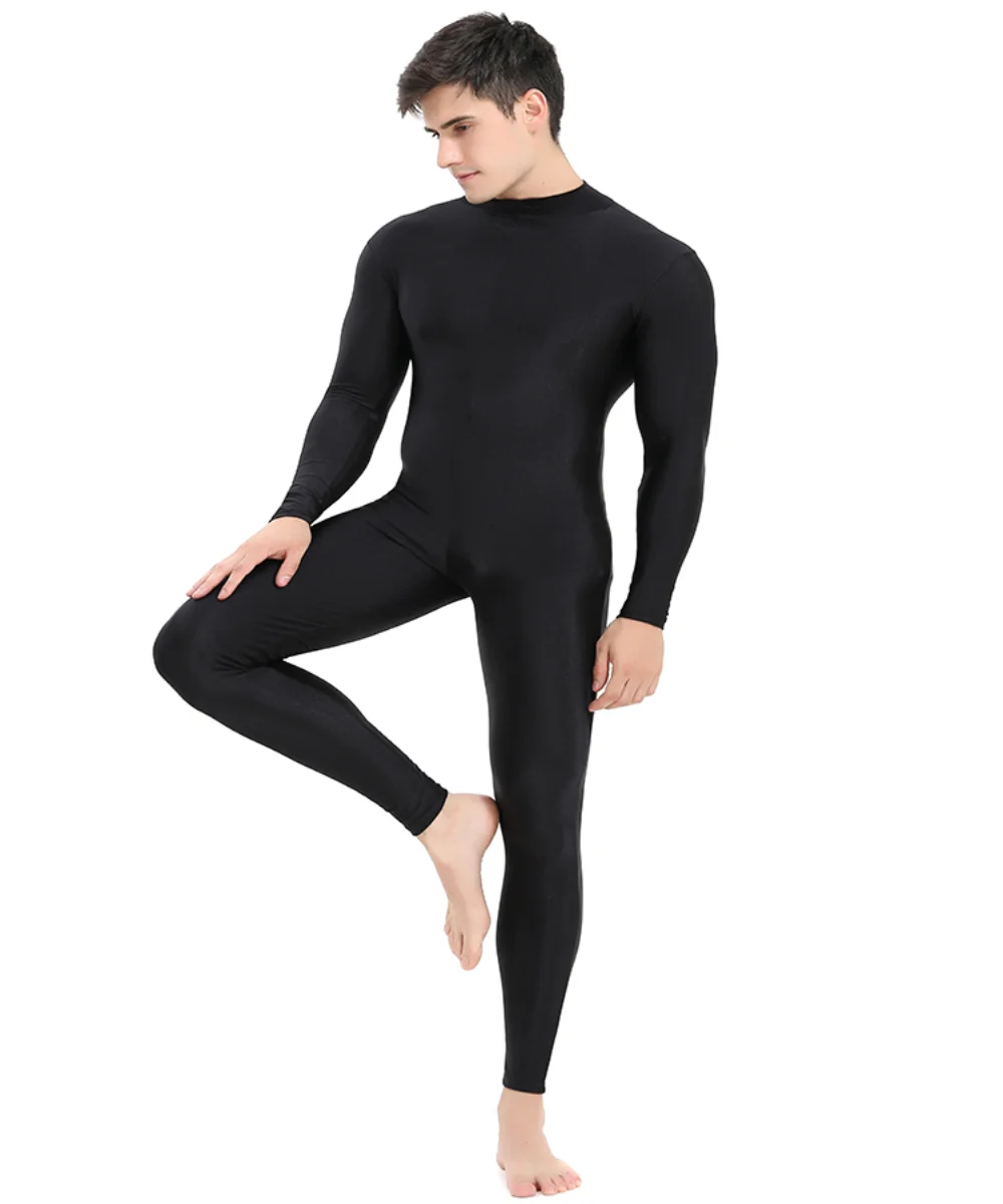 Speerise Mens Black Turtleneck Spandex Long Sleeve Unitard Unisex Full Length Ballet Bodysuit Footless Dancewear Costum