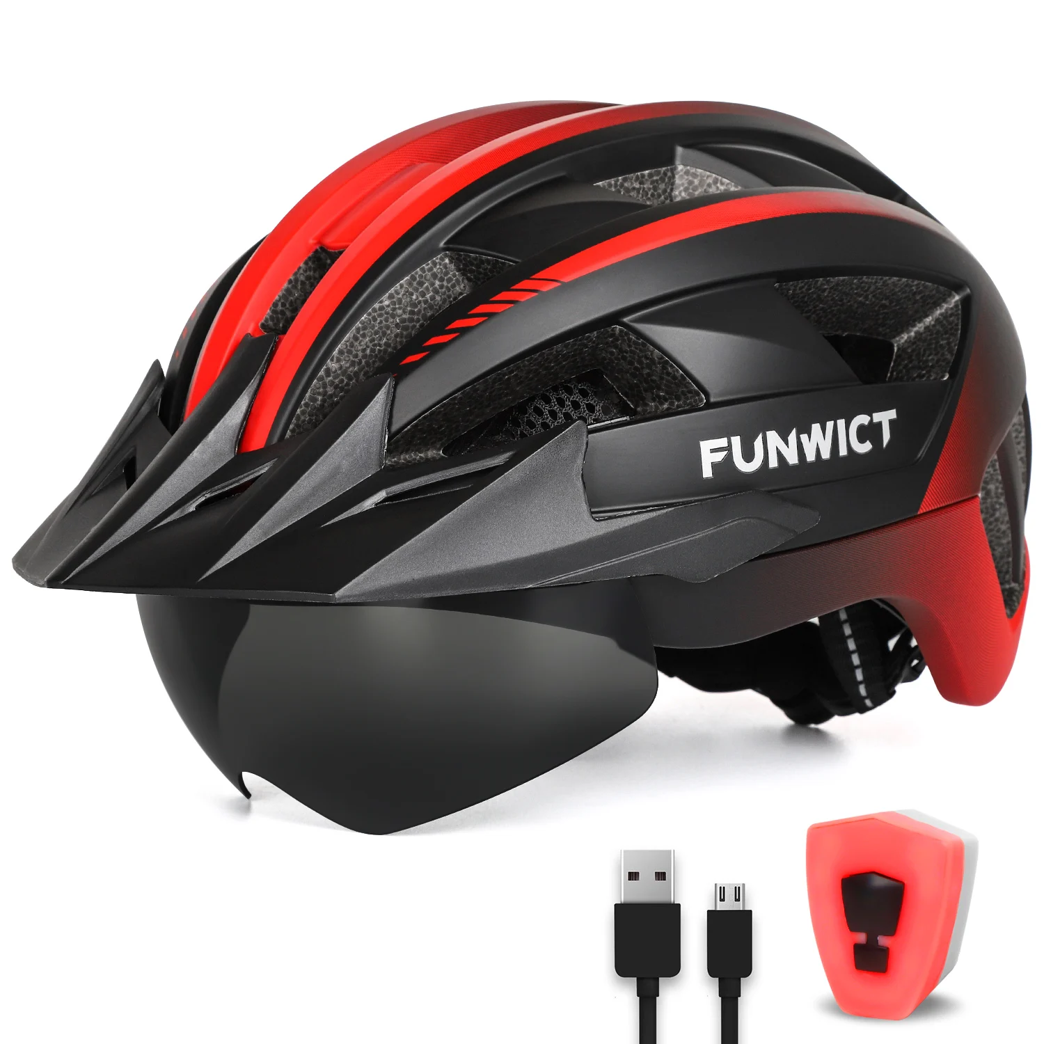 FUNWICT MTB Cycling Helmet with Goggles Usb Light Road Bicycle Safety Protective Caps for Men Scooter Bike Headgear Working Cap