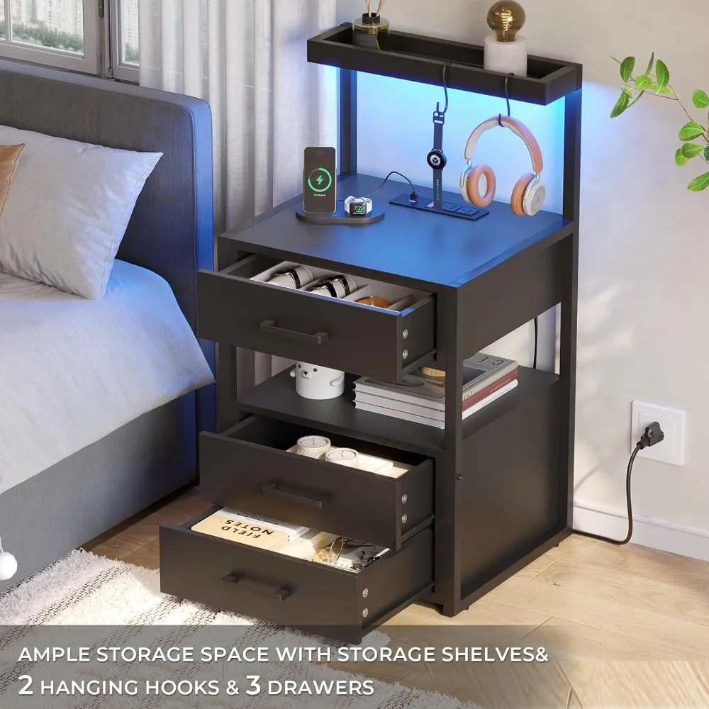 LED Nightstand with Charging Station, 3 Drawers Bedside Table with LED Lights, Black Storage Shelves Night Stand