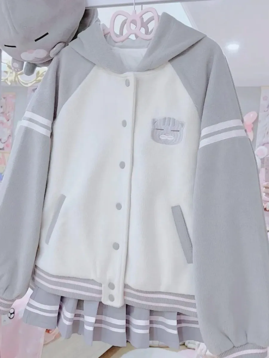 

Cute Soft Plaid Woolen Baseball Jacket Women's Autumn Winter Loose Casual Versatile Print Top Coat Female Fashion