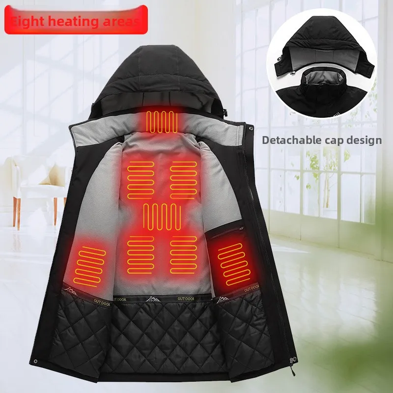 2025 الذكية USB سترة ساخنة الرجال معطف طويل دافئ الرياضات الشتوية في الهواء الطلق الصوف مبطن يندبروف بدلة تزلج التدفئة الكهربائية الملابس #6