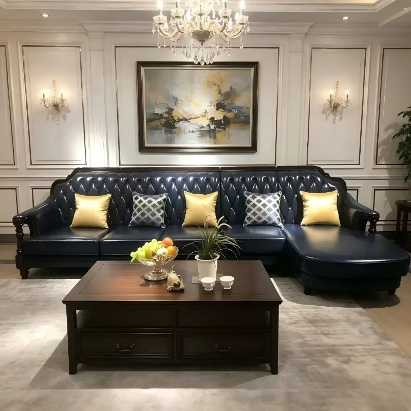 American corner leather cloth sofa, large and small apartment leather art living room L-shaped leather sofa, all solid wood