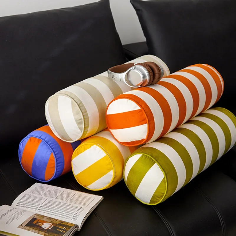 Coluna travesseiros listra almofada de veludo cama redonda rolo moderno doces almofada coluna lombar arte decorações para casa