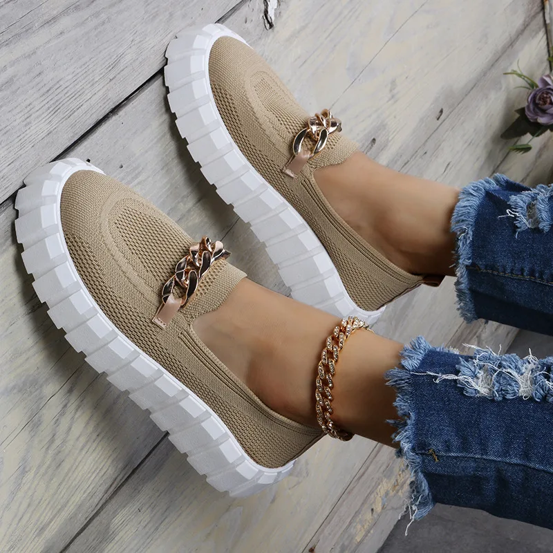 Spring Autumn Large Size 36-43 Women\'s Shoes Casual Metal Chain Muffin Bottom Breathable Mesh Thick Sole Shoes Tenis De Mujer