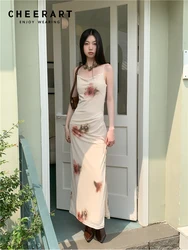 CHEERART Cowls Floral Beige Backless Long Dress For Women 2023 Summer Vacation Outfits Casual Slip Midi Dress Holiday Clothes