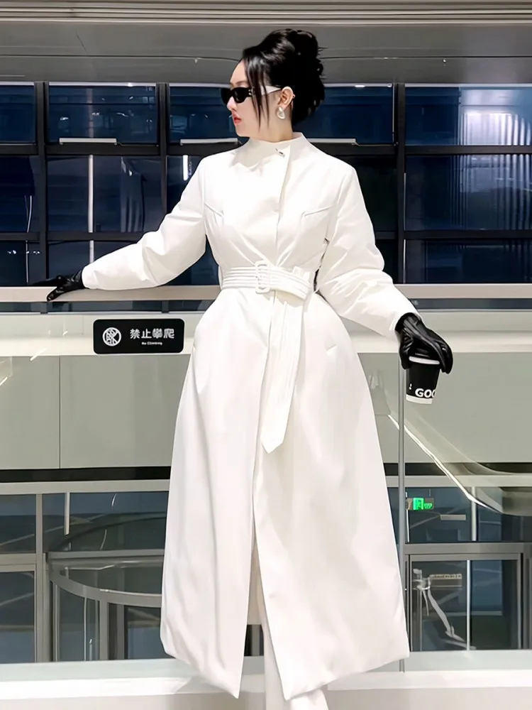 Korean Style Office Lady O-Neck Sashes Duck Down Jacket Solid Color Knee Length Below Women Down Coat Winter Warm Long Overcoat
