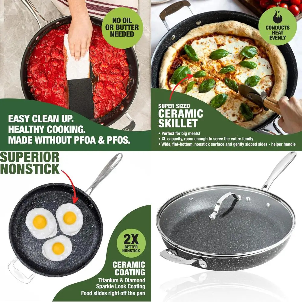 

14-дюймовая большая сковорода с крышкой, антипригарная сковорода Ceic, нетоксичная антипригарная сковорода для жарки и приготовления пищи, PAS & POA