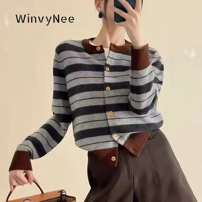 WinvyNee Women Button Front Striped Knit Jacket 100% Wool Round Neck Long Sleeve Knitwear Top Autumn Elegant Basic Wear B1903001