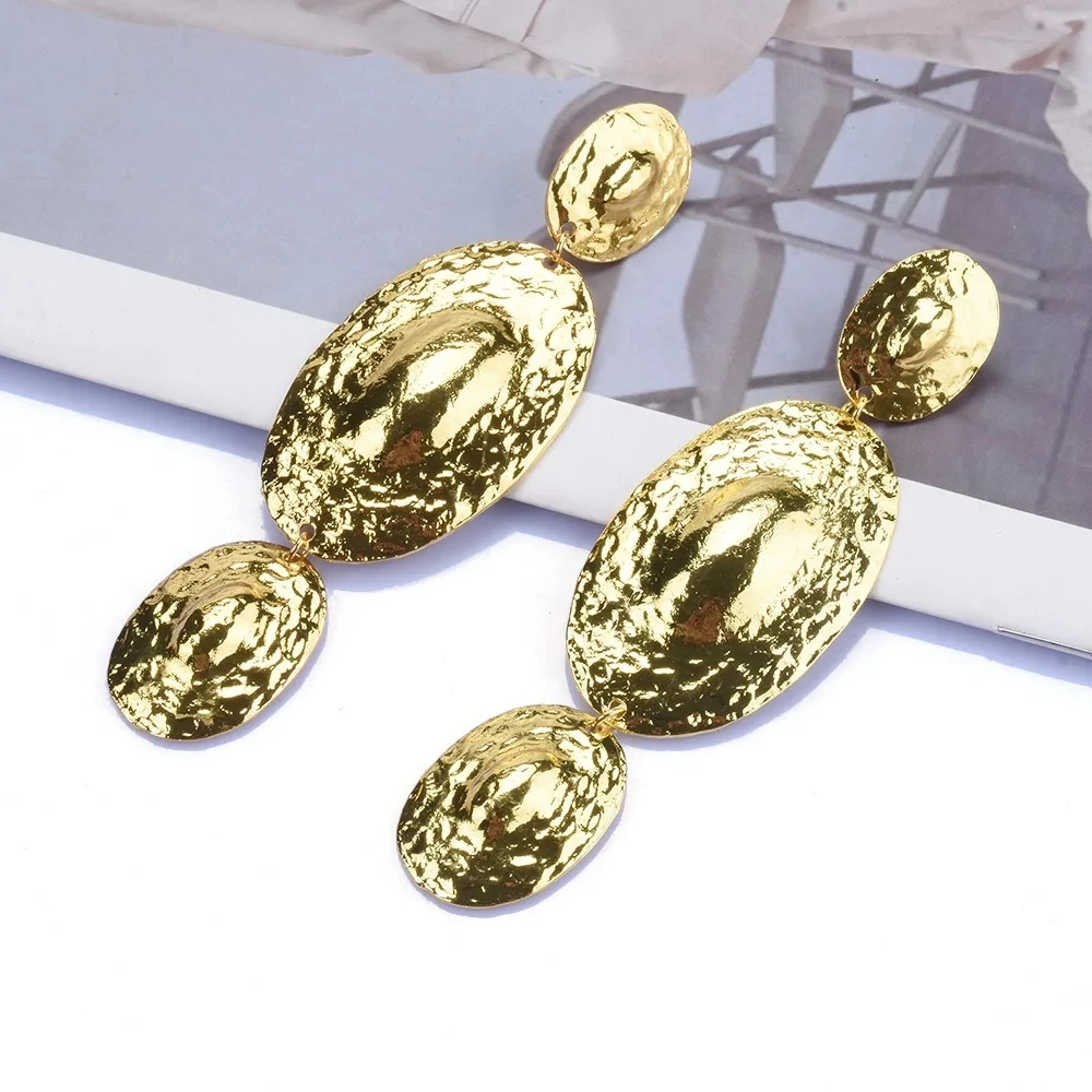 Vedawas golden/silvery Retro concave-convex texture oval alloy earrings，Exaggerated banquet wedding lady accessories