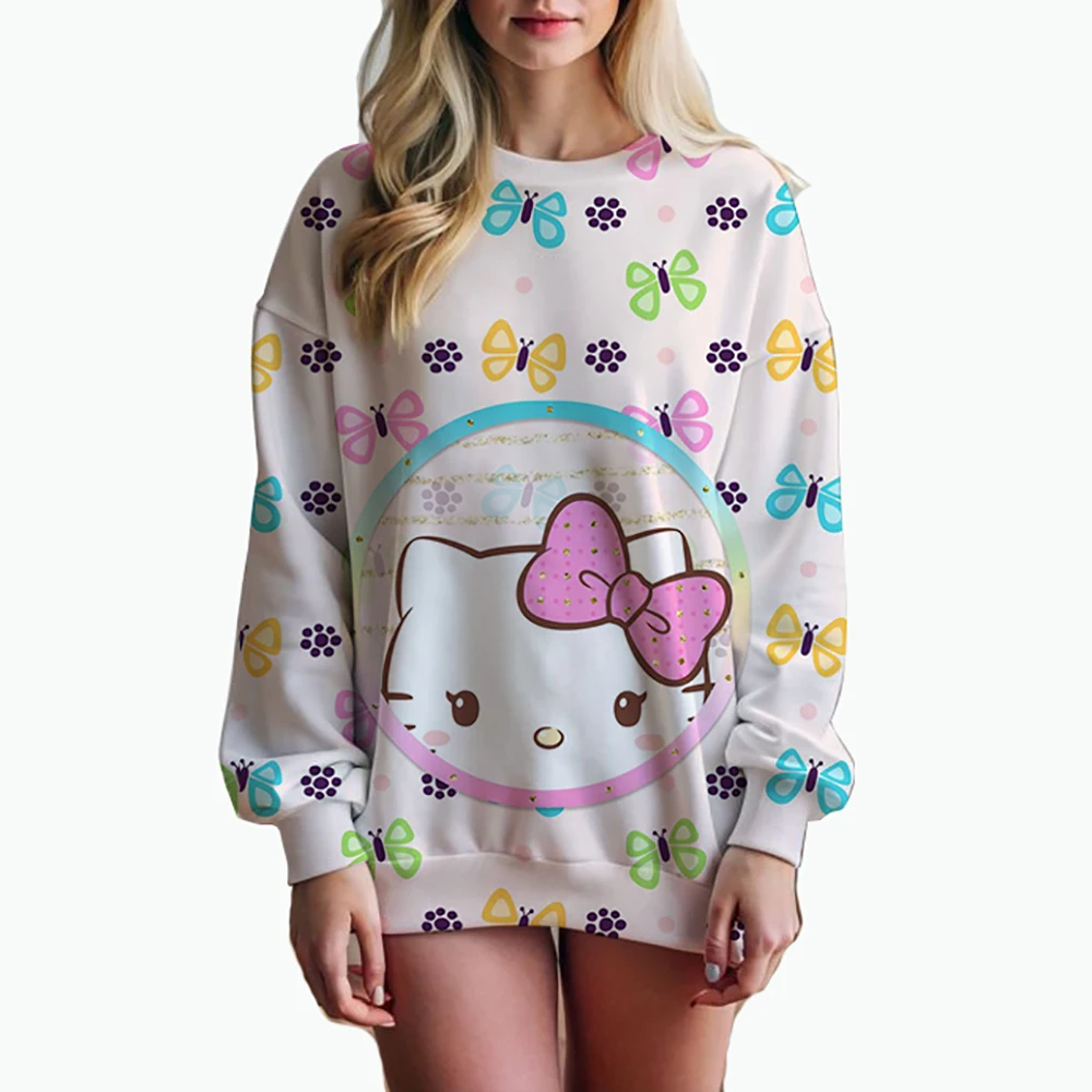 Women\'s Hello Kitty Printed Sweatshirt, High Street Women\'s Hoodie, Y2K Pattern Clothing, Casual Round Neck Sweater