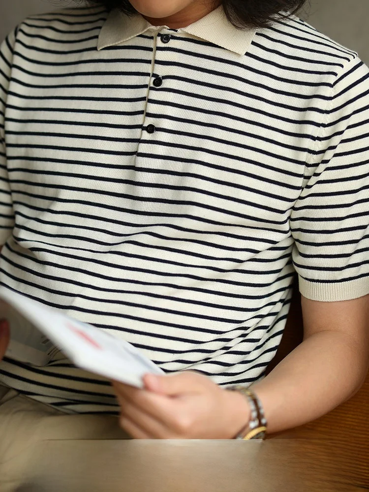 

MBBCAR Narrow American Retro Pure Cotton Knitted irt Summer ort Sve Breathable Stripe T-irt Casual Sle Youth ...