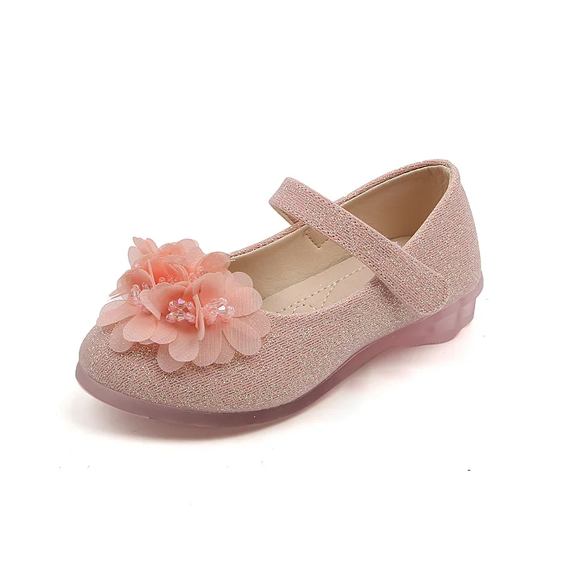 

2023 New Cute Girls Leather Shoes Korean Style Pink Sweet Princess Mary Jane for Wedding Dance Party Low Heels Simple Flowers