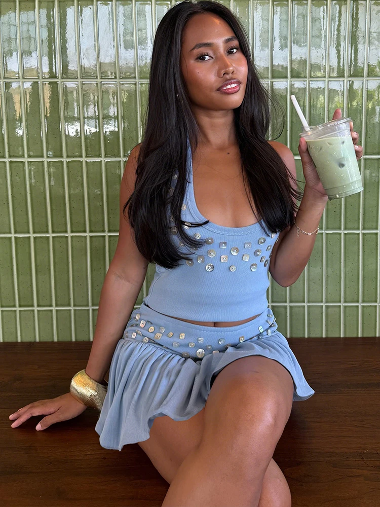 

Женский комплект из 2 предметов с блестками Weird Puss, сексуальные топы с лямкой на шее + персиковая юбка в стиле пэчворк на бедрах, одинаковая юбка для пляжного отдыха, хипстерская клубная одежда