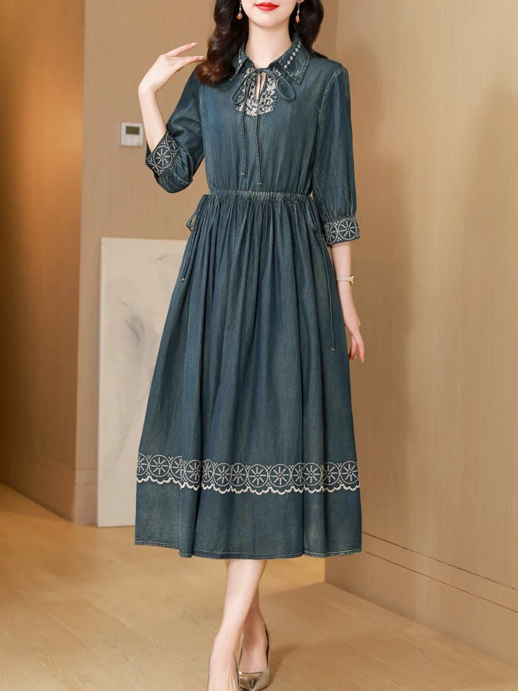 TIYIHAILEY Long Mid-Calf Denim Dress for Women Half Sleeve Embroidery Clothing Turn Down Collar Chinese Style Vintage New 2024