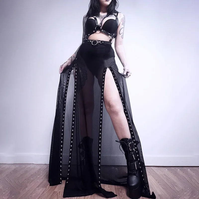 Goth Mesh Perspective Side Slit Skirt Lace Up Dark Punk Gothic Faldas Feminino Thin Summer Aesthetical Black Skirts