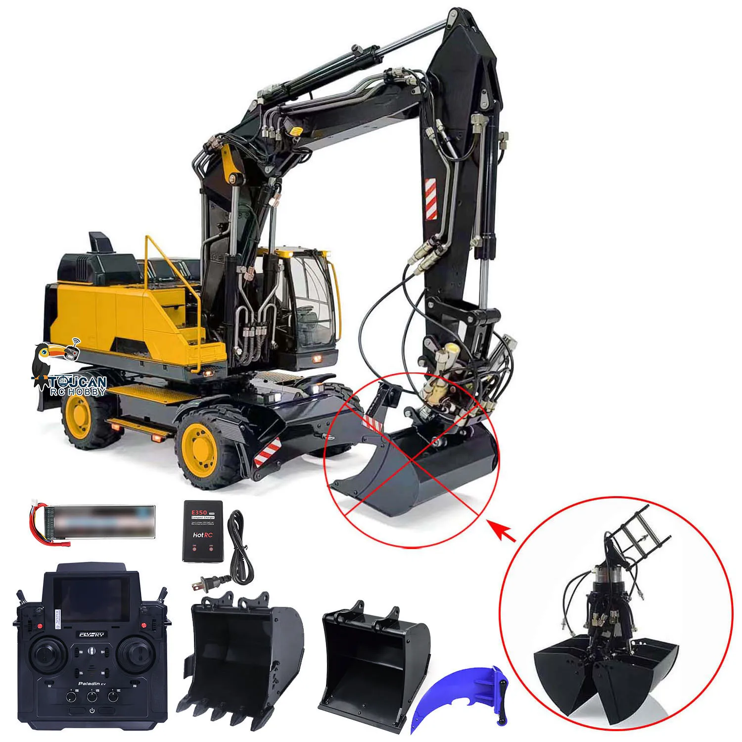 EC380 1:14 3-Arms RC Hydraulic Excavator Wheeled Remote Control Digger Clamshell Bucket