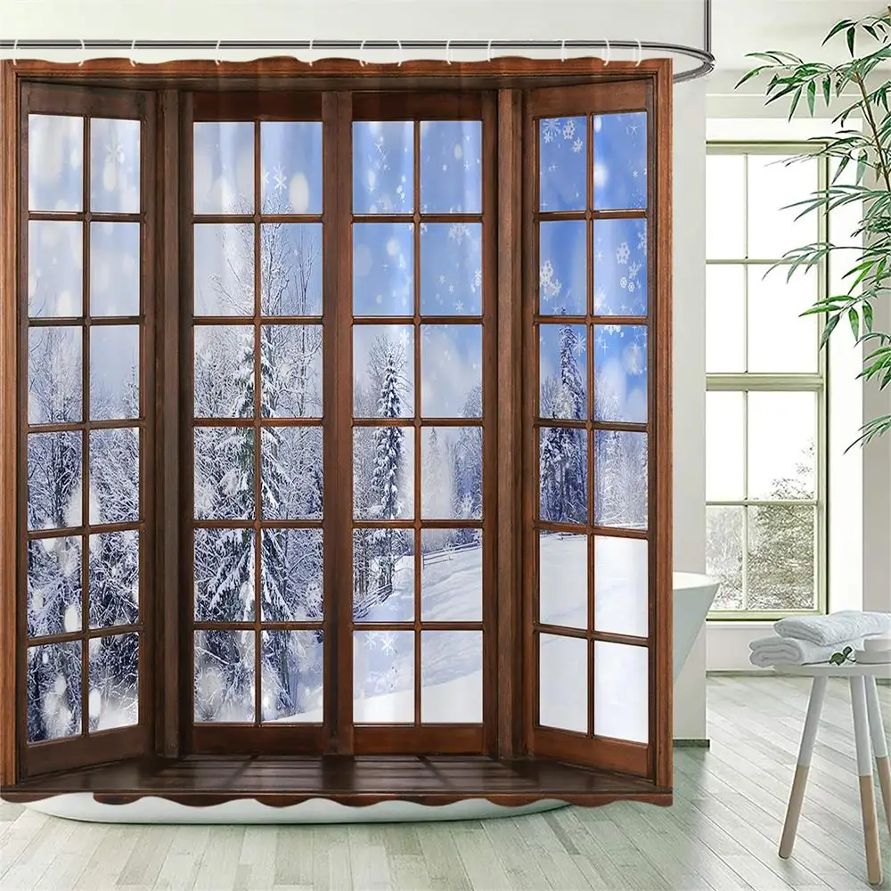 Winter Forest Shower Curtains Brown Window Park Snow Nature Landscape Polyester Cloth Washable Bathroom Curtain Decor with Hooks