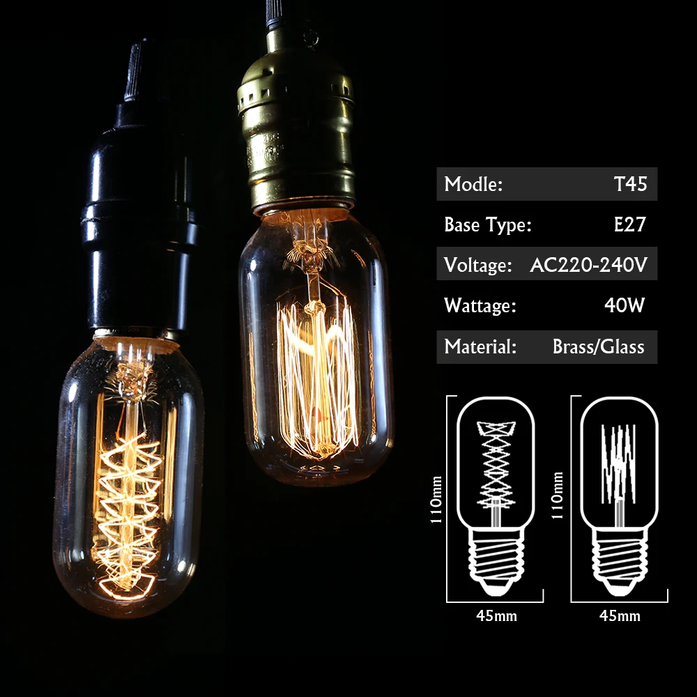 Incandescent Filament Bulb T45 E27 220V 40W 2200K Dimmable Vintage Retro Edison Light Lamp For Home Ceiling Pendant Decor