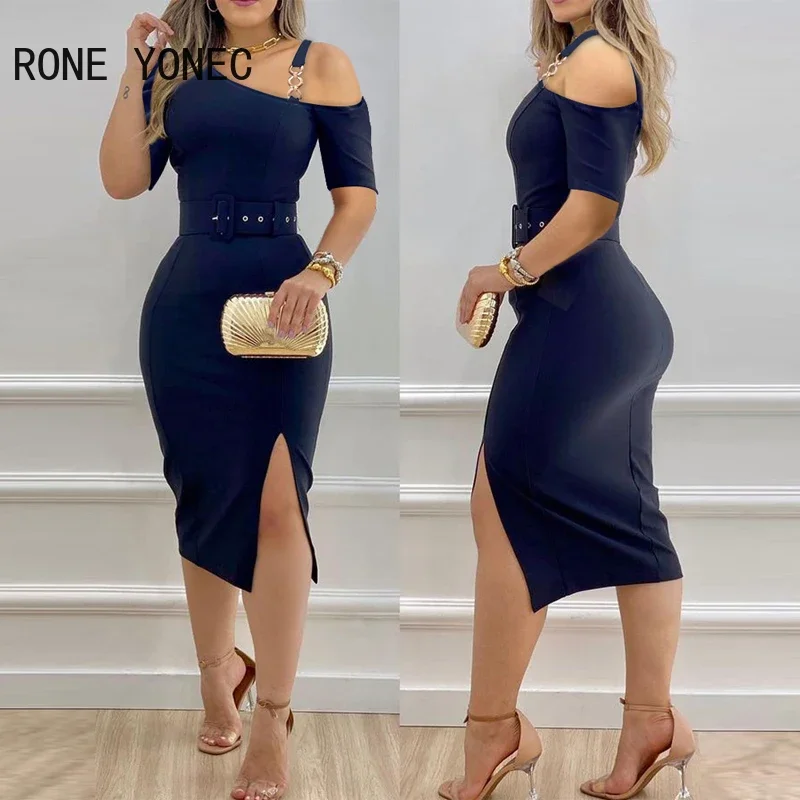 Vrouwen chique elegant met riem korte mouwen diagonale kraag bodycon kleine slib midi working jurken