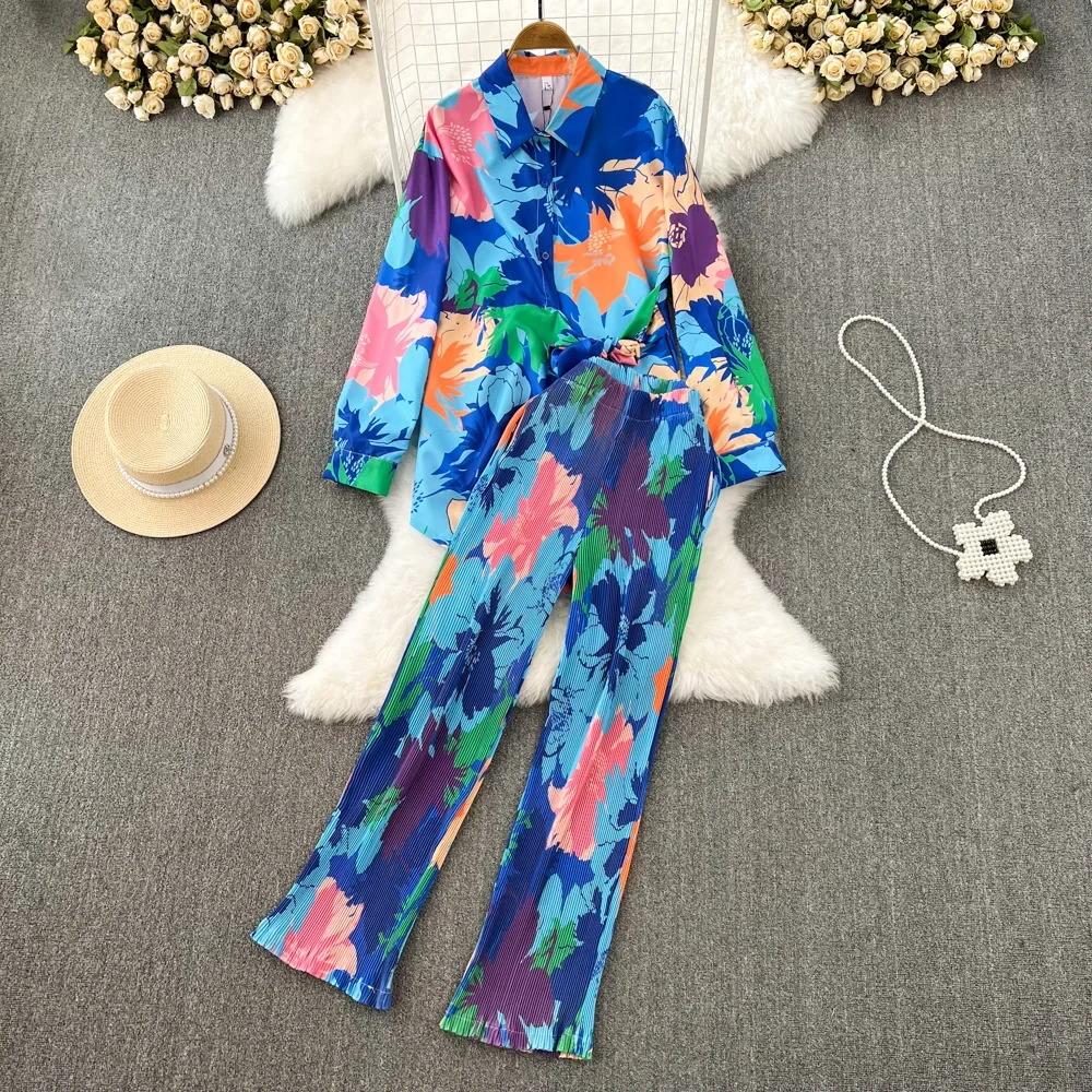 Women Pajamas Set Loose Tie-dyed Trousers Suit Vintage Shirts Blouses Wide Leg Pantsuit Female Fashion Boho 2 Pieces Outfits