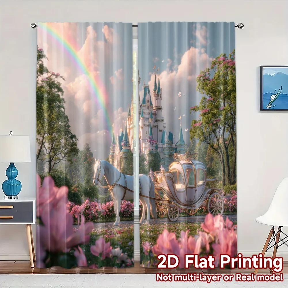 2pcs, 2D FLAT PRINTING Curtains (Without Rod) Fairytale Bliss Fashionable Popular Curtains Semi-Sheer Curtains Decorations