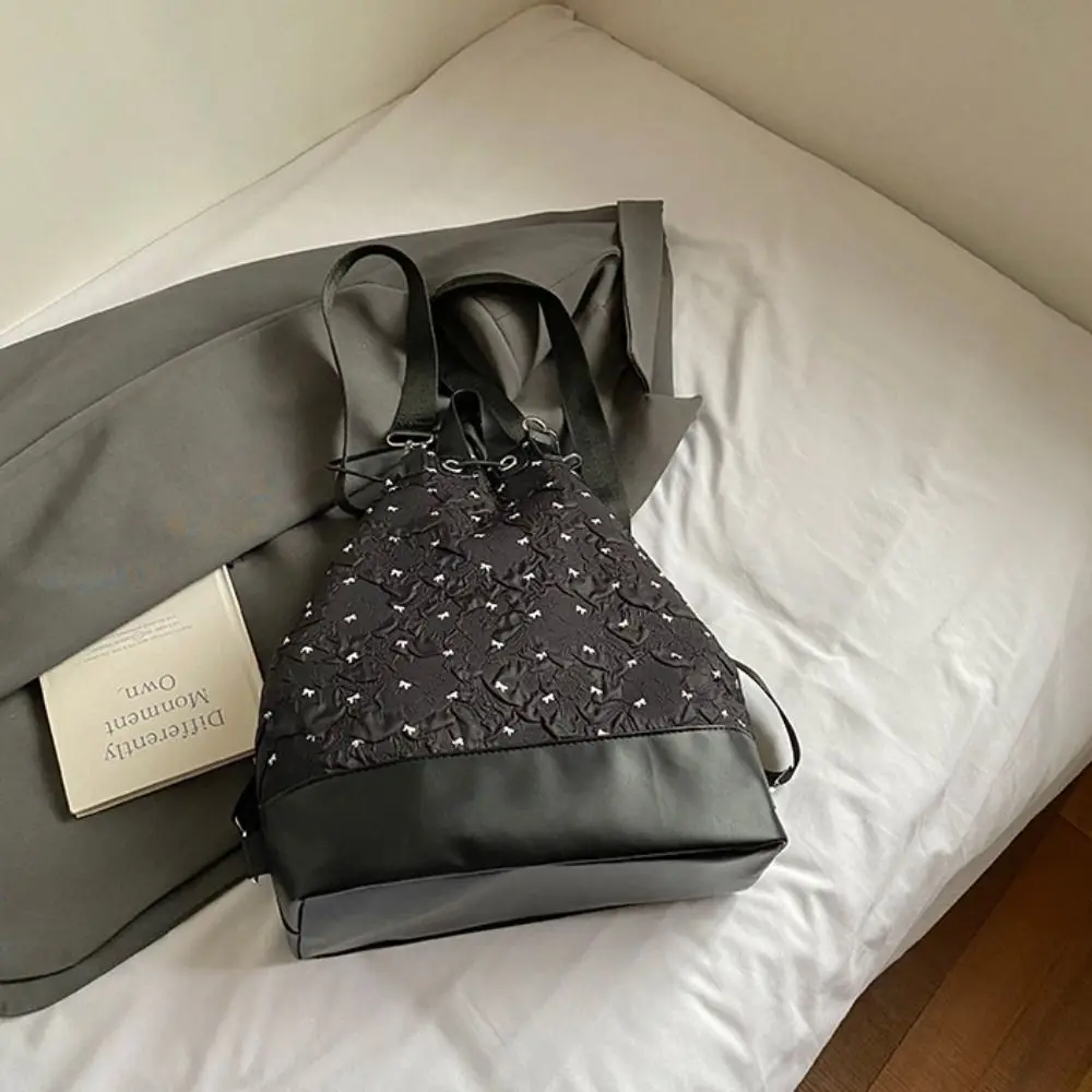 

Large Capacity Bow Pleated Backpack Solid Color Nylon Sweet Shoulder Bag Lightweight Tote Bag Drawstring Fitness Bag All-match