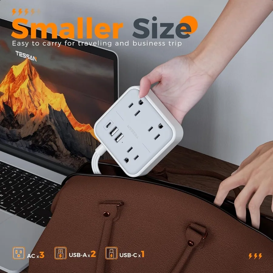 Ultra Thin Flat Extension Cord 5 FT TAN Slim Power Strip with USB Ports 1 USB C Surge Protector Flat Plug Wall Charger with 3 O