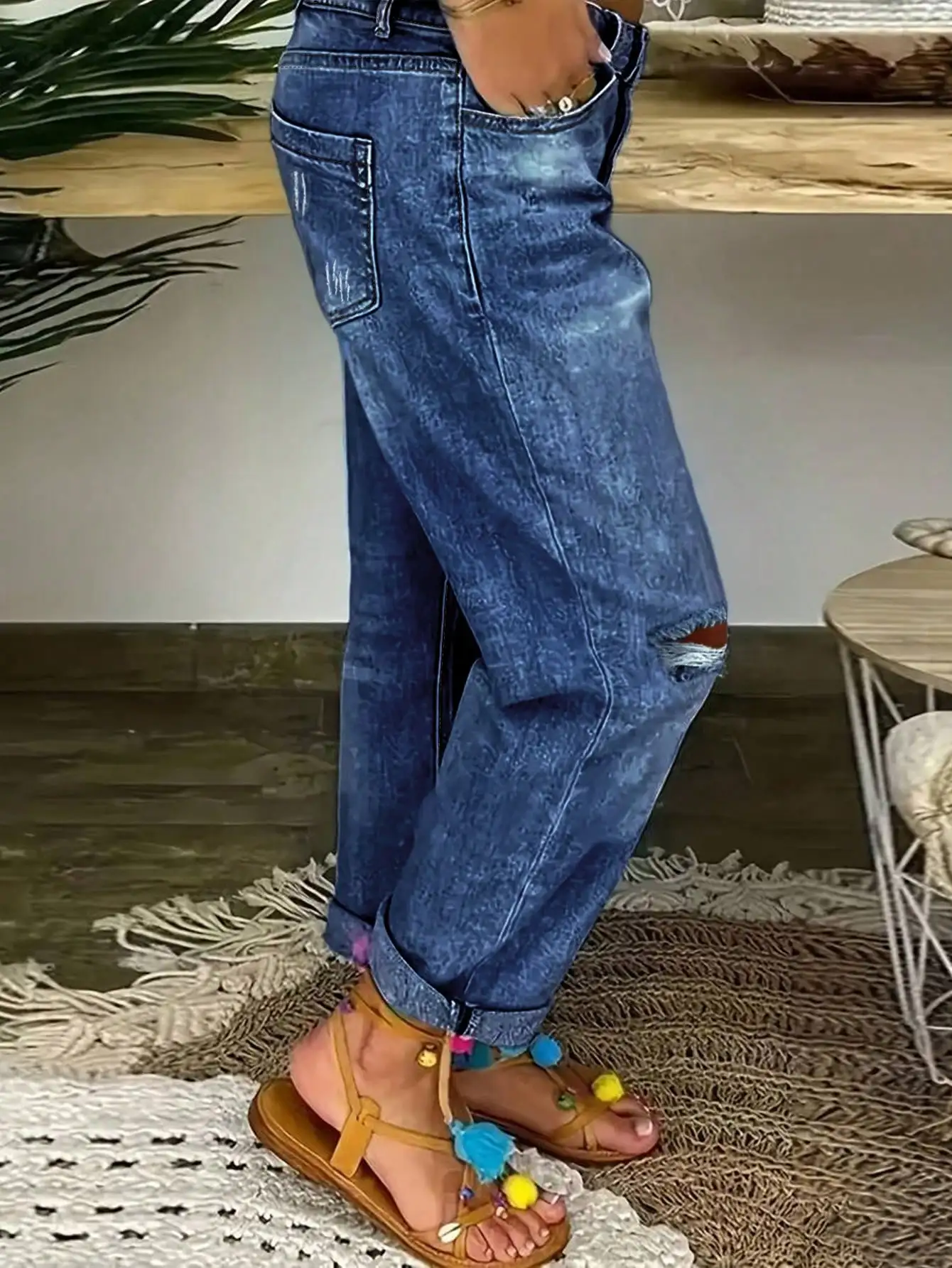 WGXWGX Women's High-Waisted Distressed Boyfriend Jeans Button-Front Vintage Wash Casual Streetwear Cotton Blend