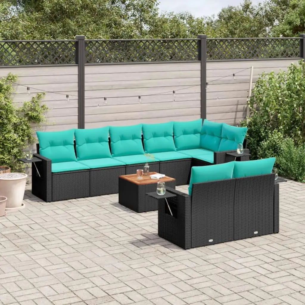 

Stylish 9 Piece Outdoor Patio Sofa Set with Cushions Black Poly Rattan Garden Furniture