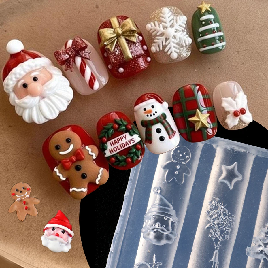 3D Christmas Silicone Nail Mold Santa Gingerbread Christmas Trees Nail Design DIY Manicure Template Tool for Nail Surface Decor