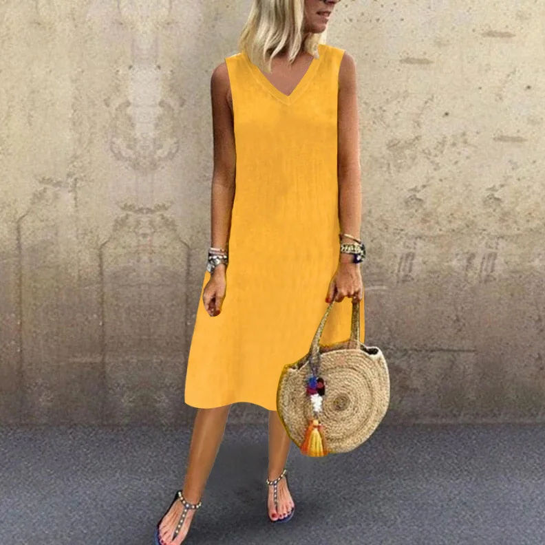 Women Summer V-neck Sleeveless Vest Dress Casual Sleeveless Basic Cotton Vacation Beach Khaki Midi Dresses Black Yellow Robes