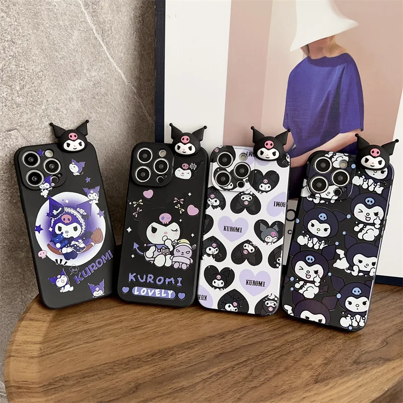 Funda de teléfono con cordón y soporte Kuromi de dibujos animados Kawaii 3D para iPhone 16 15 14 13 12 mini 11 Pro Max XS X XR 7 8 Plus, funda a prueba de golpes