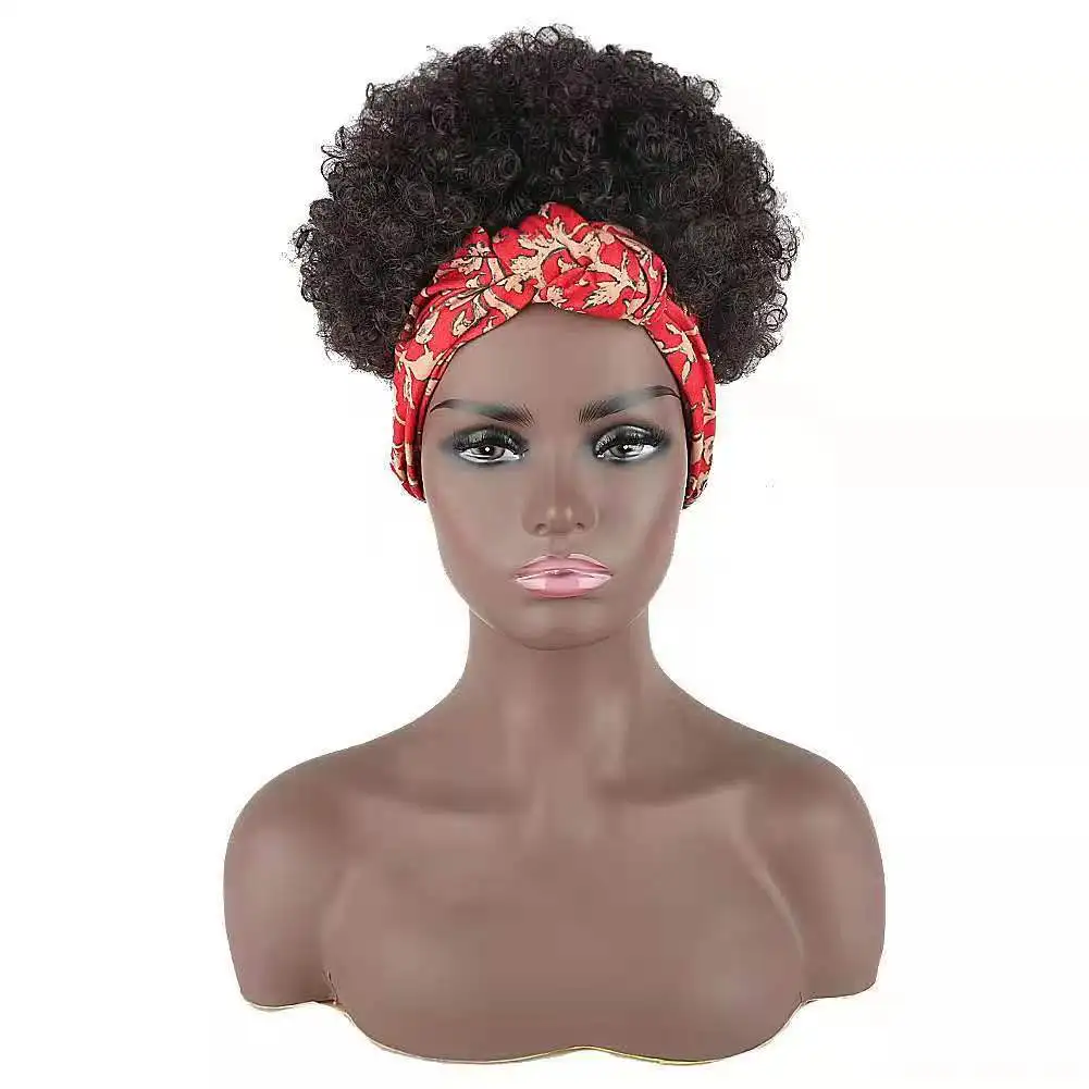 Short Afro Kinky Curly Headband Wig Synthetic Fluffy Curls Wig African Turban Hair Wrap Natural Daily Hair Wigs for Black Women